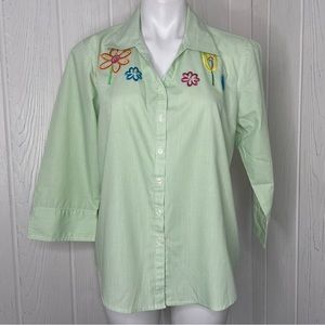 Assetts Button Up Top Blouse S Green White Pinstripes Embroidered Flowers Studs